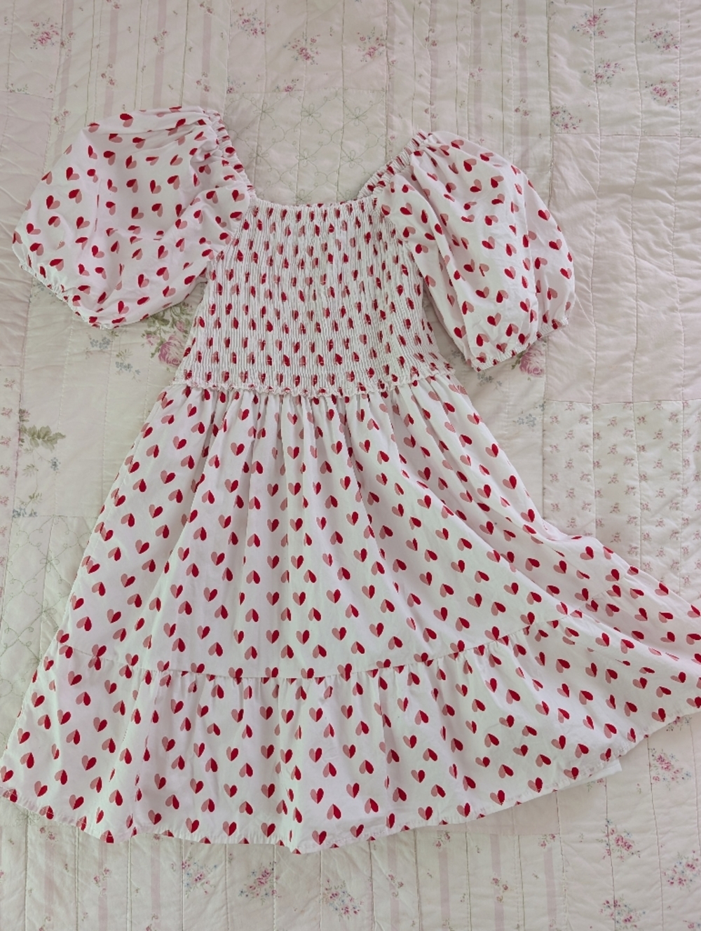 White and Red Heart Print Smocked Kids Dress